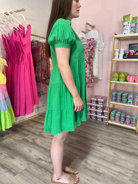 Linen Collared Tiered Dress - Green-K. Ellis Boutique