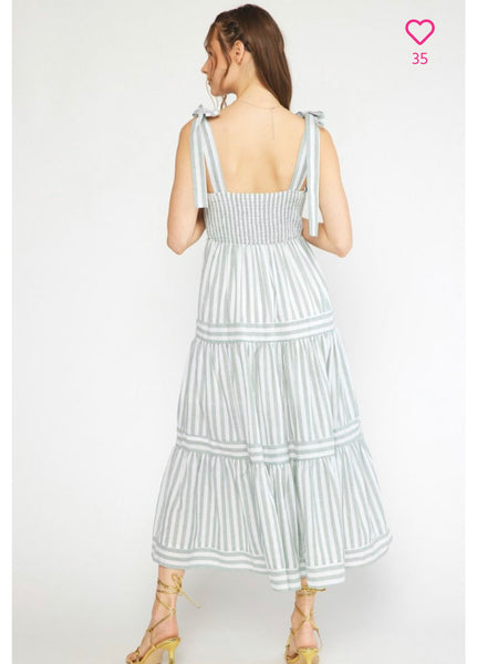 Self-Tie Striped Tiered Midi Dress - sage-K. Ellis Boutique