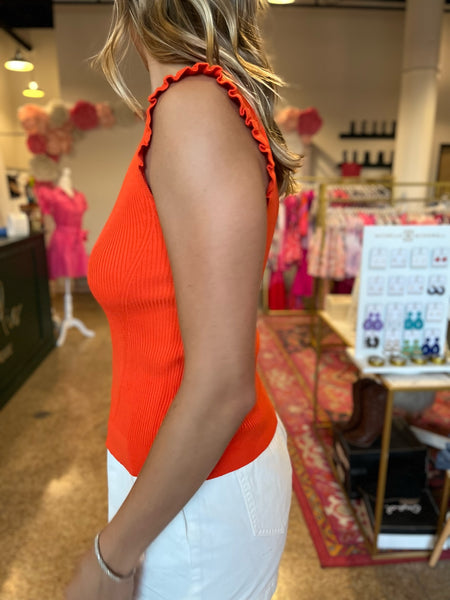 Ruffle Sleeve Detail Knit Top - Coral Red-K. Ellis Boutique
