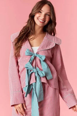 Gingham Checkered Plaid Sailor Collar Open Bow Pajama Set- Red/Green-Set-K. Ellis Boutique