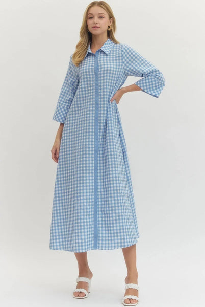 Gingham Print Collared Midi Dress- Blue-K. Ellis Boutique