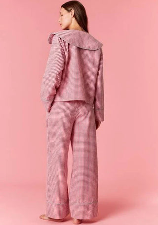 Gingham Checkered Plaid Sailor Collar Open Bow Pajama Set- Red/Green-Set-K. Ellis Boutique
