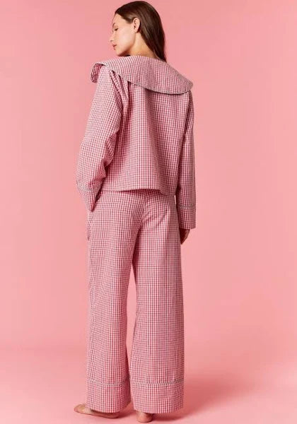 Gingham Checkered Plaid Sailor Collar Open Bow Pajama Set- Red/Green-K. Ellis Boutique