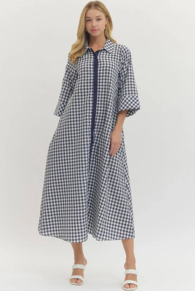 Gingham Print Collared Midi Dress- Navy-K. Ellis Boutique