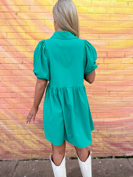 Collared Bubble Sleeve Mini Dress - Green-K. Ellis Boutique
