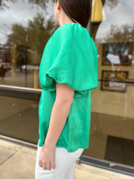 Satin Bubble Sleeve Top - Green-K. Ellis Boutique