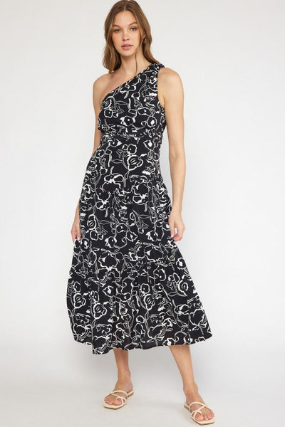 Print One Shoulder Maxi Dress - Black-K. Ellis Boutique