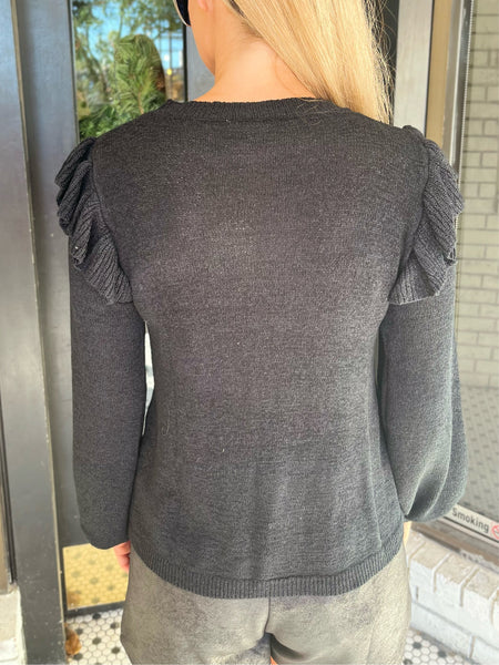 Knit Ruffled Shoulders Sweater - Black-K. Ellis Boutique