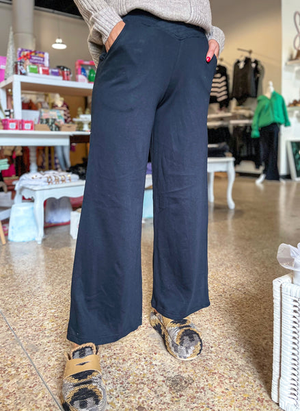 Ribbed Crossover Waist Wide Leg Pants - Black-K. Ellis Boutique