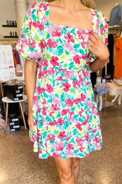 Puff Sleeve Floral Print Babydoll Dress - Ivory-K. Ellis Boutique