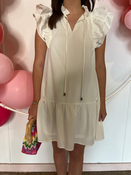 V-Neck Ruffle Sleeve Mini Dress - Off White-K. Ellis Boutique