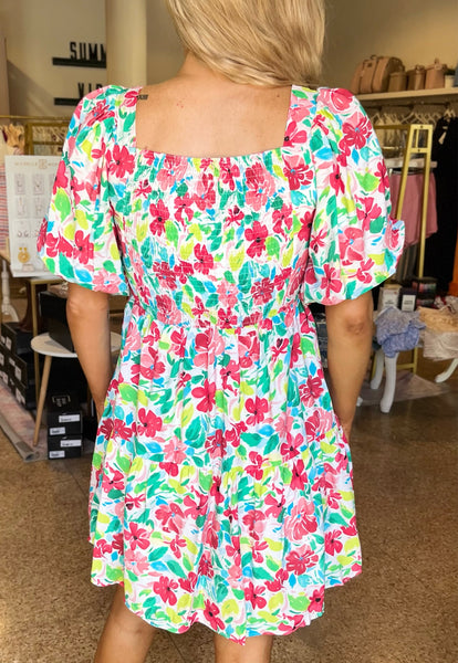 Puff Sleeve Floral Print Babydoll Dress - Ivory-K. Ellis Boutique