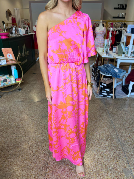 Lava Flow One Shoulder Satin Maxi Dress - Pink/ Orange-K. Ellis Boutique
