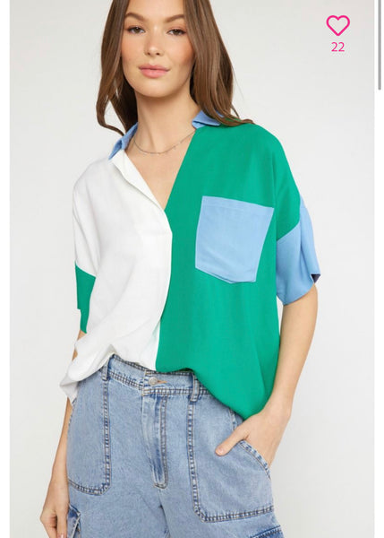 Color Block Button Detail Shirt - Green-K. Ellis Boutique