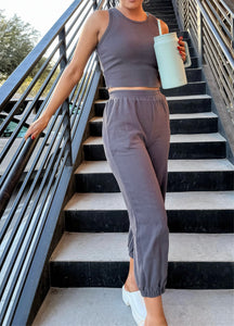 RIBBED TOP & JOGGER PANTS SET - CHARCOAL-K. Ellis Boutique