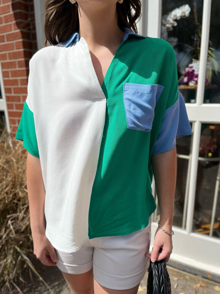 Color Block Button Detail Shirt - Green-K. Ellis Boutique
