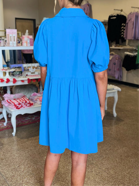 Collared Bubble Sleeve Mini Dress - French Blue-K. Ellis Boutique