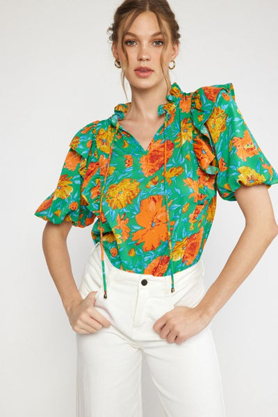 Satin Floral Puff Sleeve Top - Green-K. Ellis Boutique