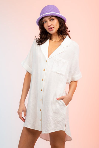 Cutout Back Mini Shirt Dress - White-K. Ellis Boutique