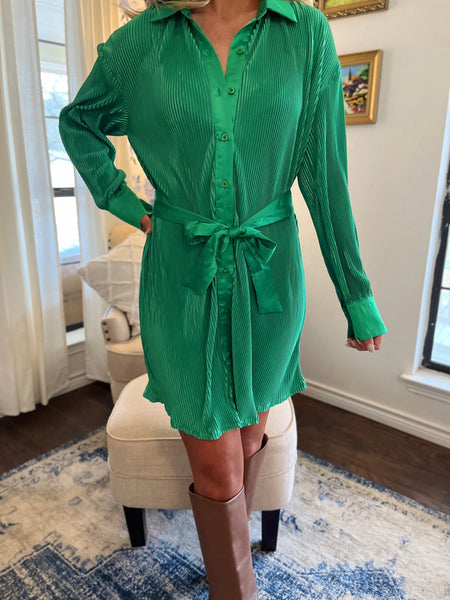 Pleated Collared Shirt Dress - Green-K. Ellis Boutique