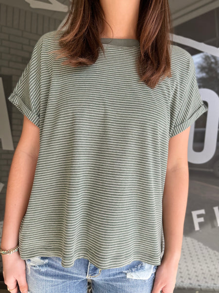 STRIPED KNIT TOP WITH CUFFED SLEEVE - GREEN-K. Ellis Boutique