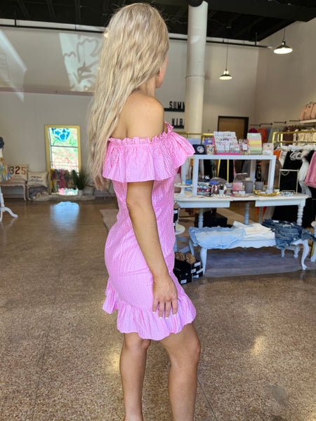 Pink Woven Textured Asymmetric Shoulder Dress-K. Ellis Boutique