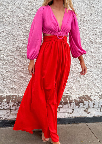 Cutout O-Ring Maxi Dress - Pink/Red-K. Ellis Boutique