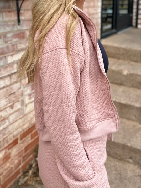 Quilted Cropped Zip-Up Jacket - Dusty Rose-K. Ellis Boutique