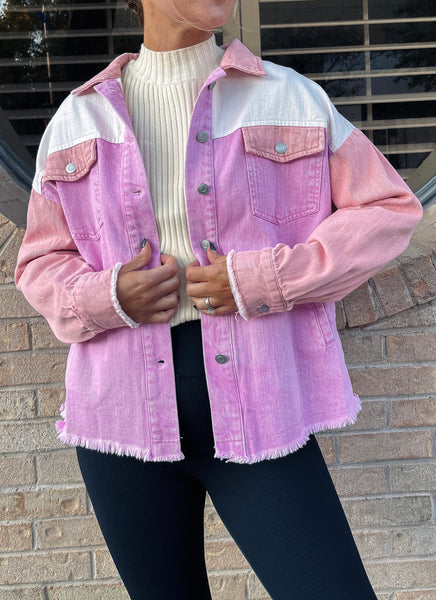 Denim Colorblock Jacket- Pink-K. Ellis Boutique