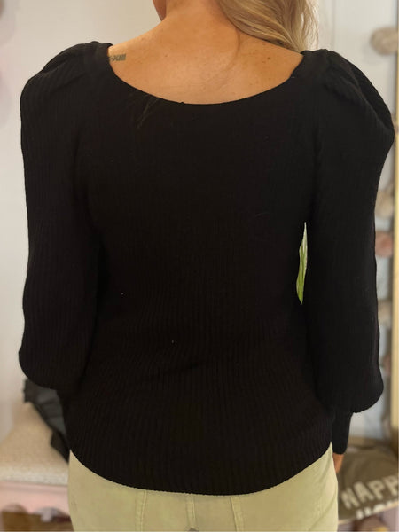 Textured Knit Tuck Puff Pullover - Black-K. Ellis Boutique