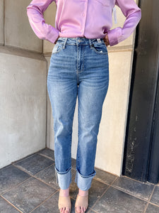 Wide Cuff Straight Leg Jeans - Mid Wash-K. Ellis Boutique