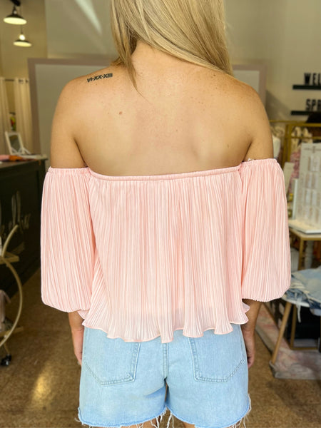 Pleated Off Shoulder Top - Light Pink-K. Ellis Boutique