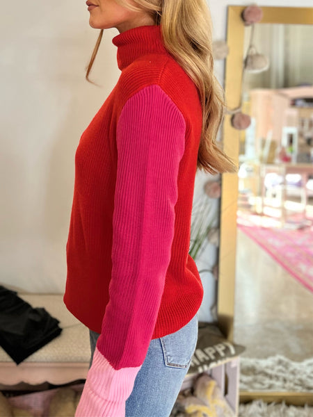 Colorblock Long Sleeve Sweater - Red-K. Ellis Boutique